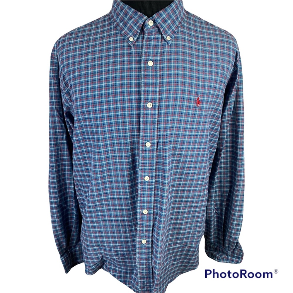 Vintage Ralph Lauren Mens XXL Plaid Button Down Shirt Blue Red Classic Fit